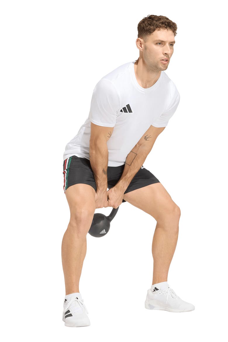 Workout Essentials Base 3-Stripe Shorts, Alternate, color, BLACK/DARK GREEN/WHITE/SCARLET