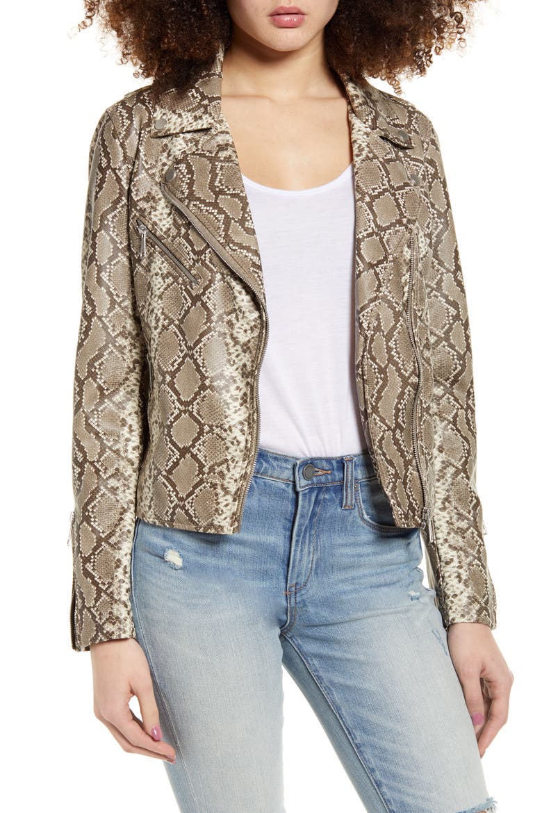Snake Print Faux Leather Moto Jacket, Main, color, TAUPE