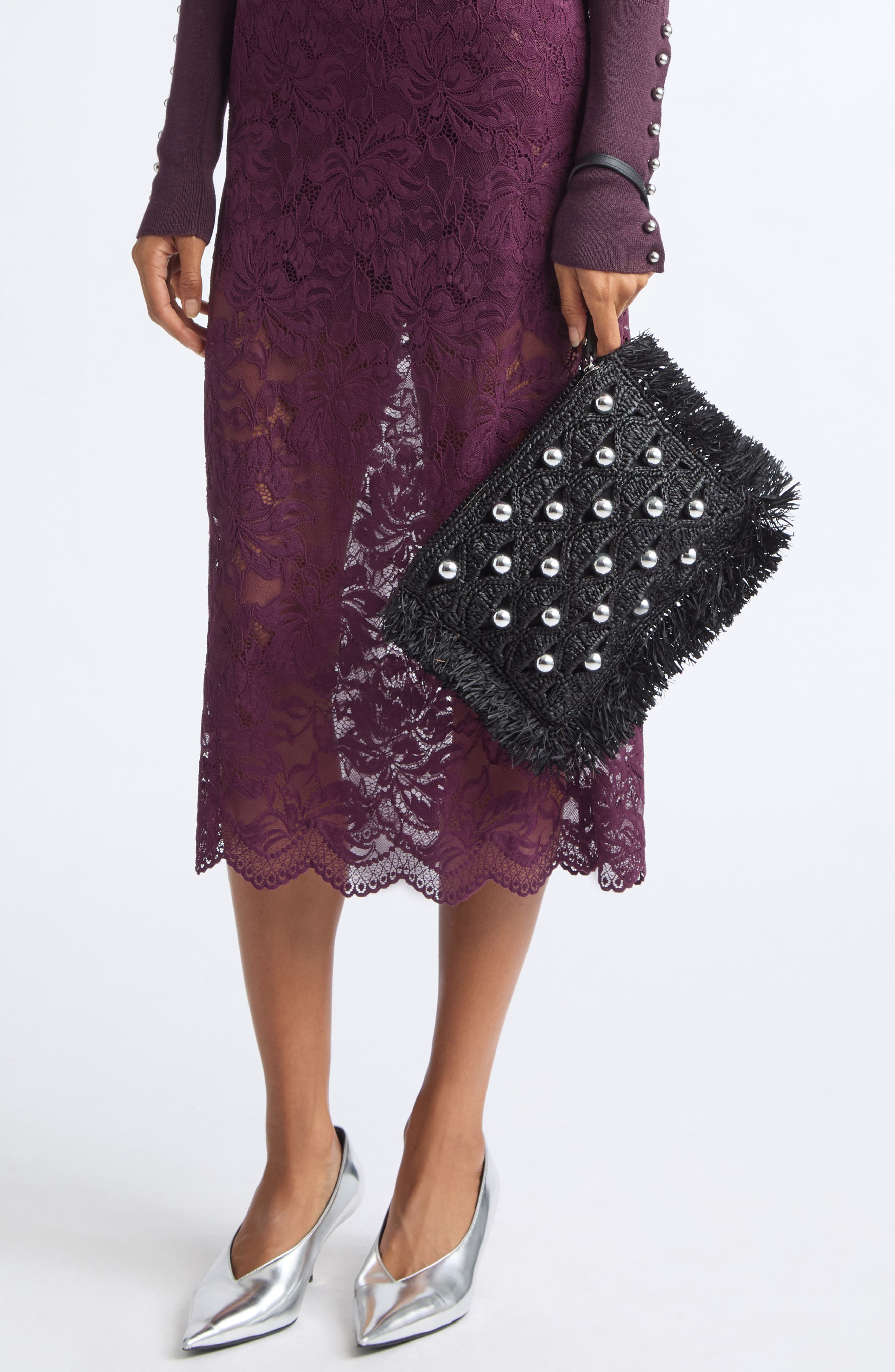 Bead Embellished Woven Raffia Pouch Wristlet, Alternate, color, BLACK / SILVER
