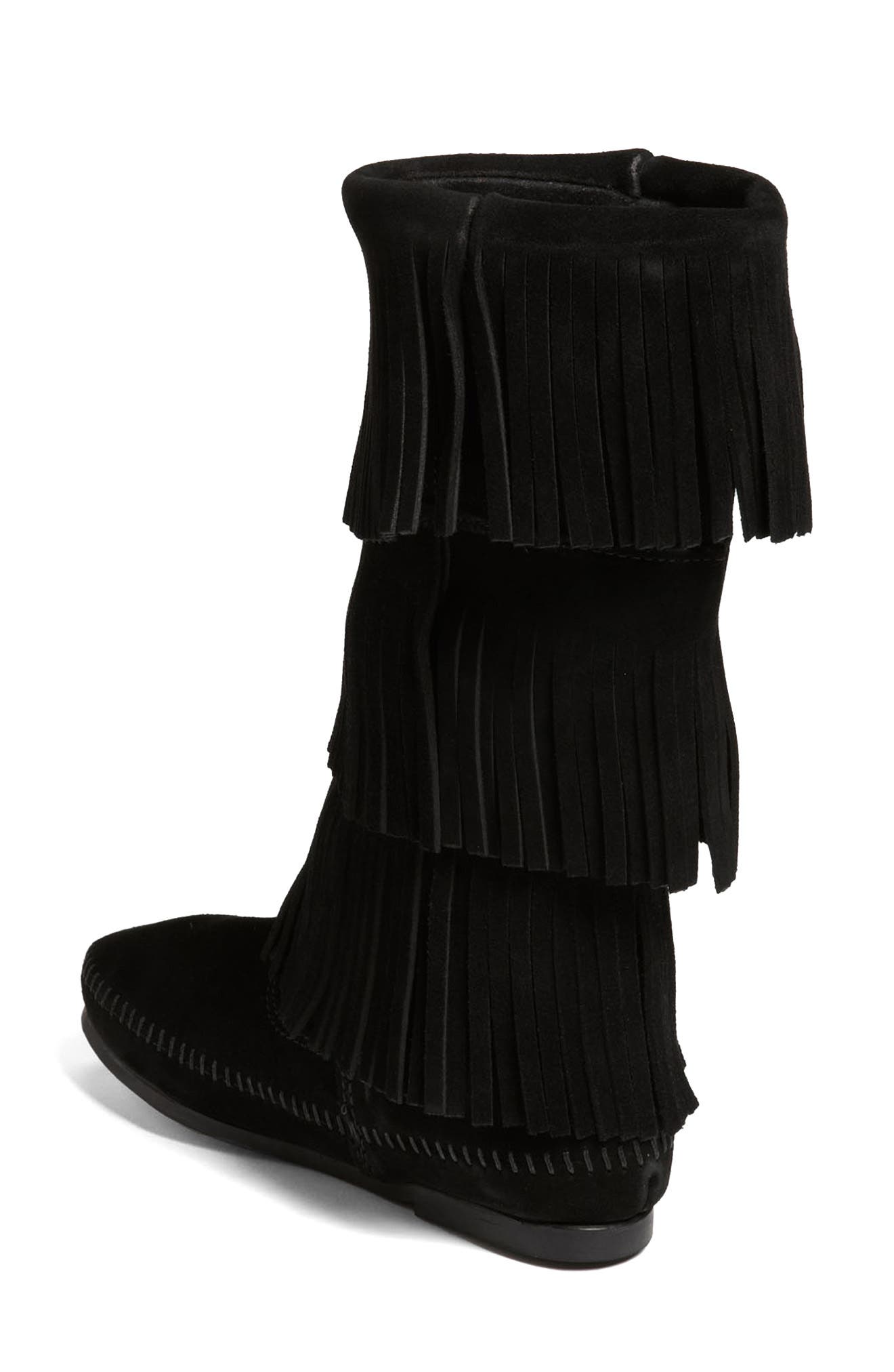 Minnetonka 3-Layer Fringe Boot, Alternate, color, Black Suede
