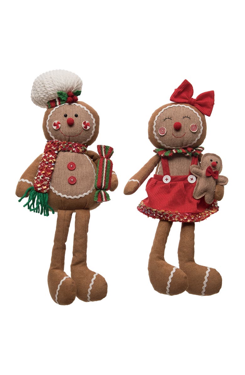 Transpac Plush Gingerbread Shelf Sitter Set of 2 Decorative Figurines, Main, color, Brown