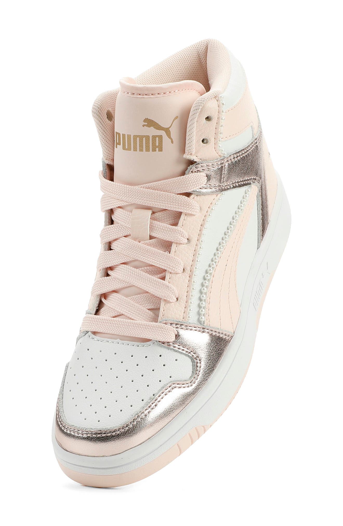Kids' Rebound Layup High Top Sneaker, Alternate, color, PUMA WHITE-JASMINE FLOWER-GOLD