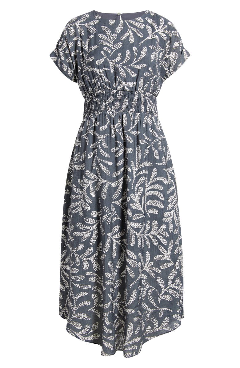 Maggy London Leaf Print Smock Waist Midi Dress, Main, color, Grey/ Ivory