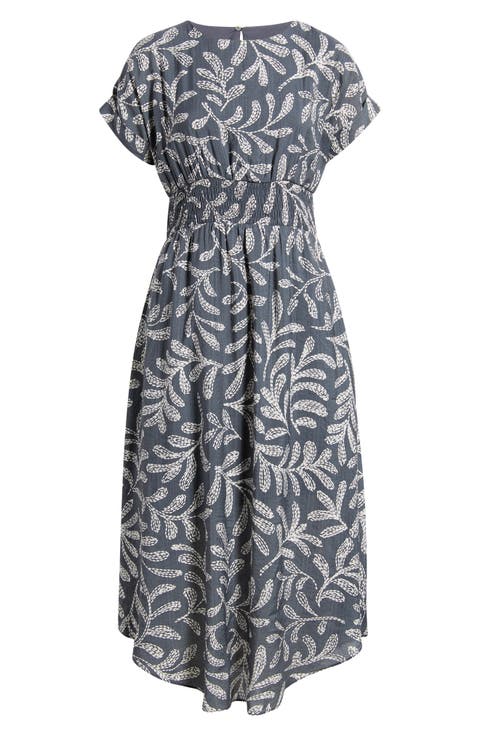 Leaf Print Smock Waist Midi Dress