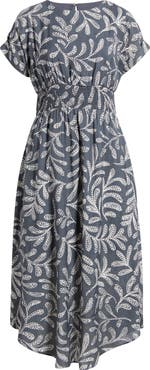 Maggy London Leaf Print Smock Waist Midi Dress