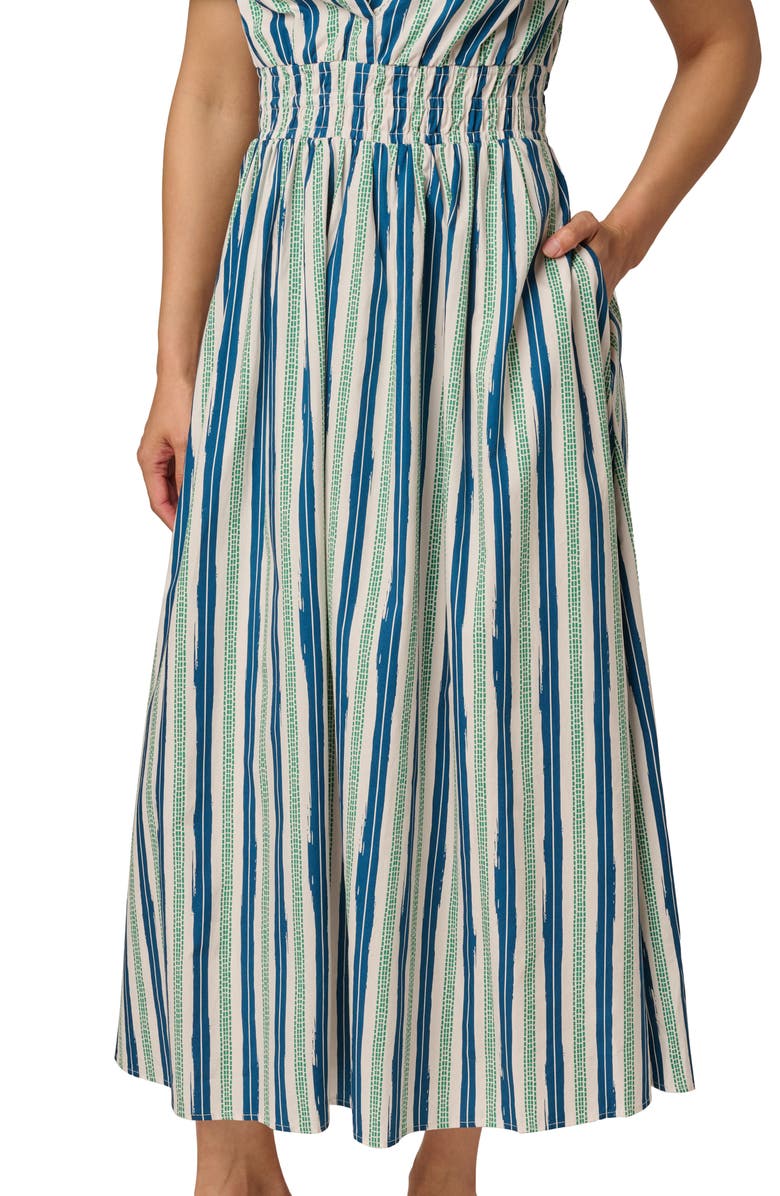 Adrianna Papell Stripe Smocked Waist Midi Dress, Alternate, color, Ecru/ Navy