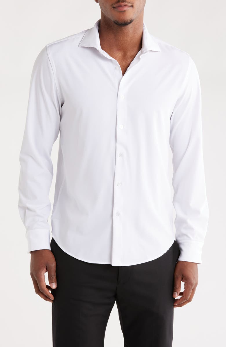 DENIM AND FLOWER Tech Long Sleeve Button Front Shirt, Main, color, White