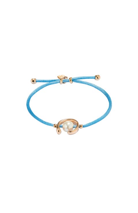 Blue Thread Bracelet with Pearl Shell Findings Plated in 18K Gold