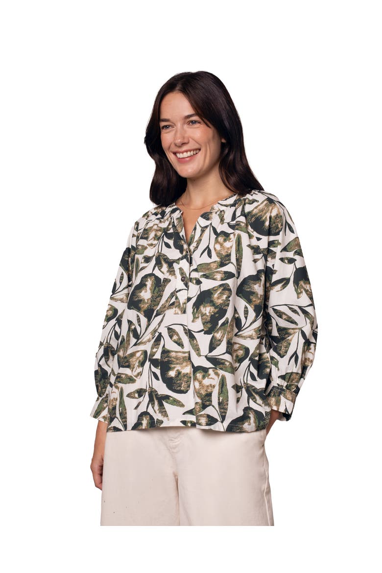 Relaxed Cotton Printed V-Neck Blouse, Alternate, color, Chalk / Khaki Leaf
