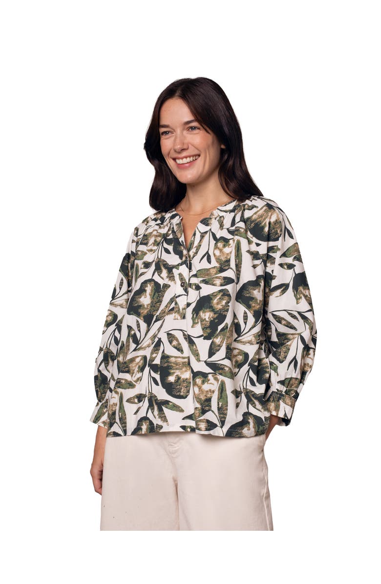 Celtic & Co. Relaxed Cotton Printed V-Neck Blouse, Alternate, color, Chalk / Khaki Leaf