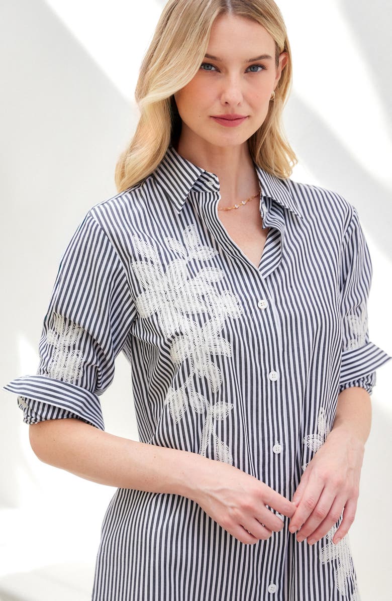 Karen Kane Floral Embroidery Long Sleeve Shirtdress, Alternate, color, Black W/ Off White