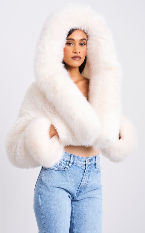 Miss Circle Kali Statement Cropped Faux Fur Hoodie Jacket In White