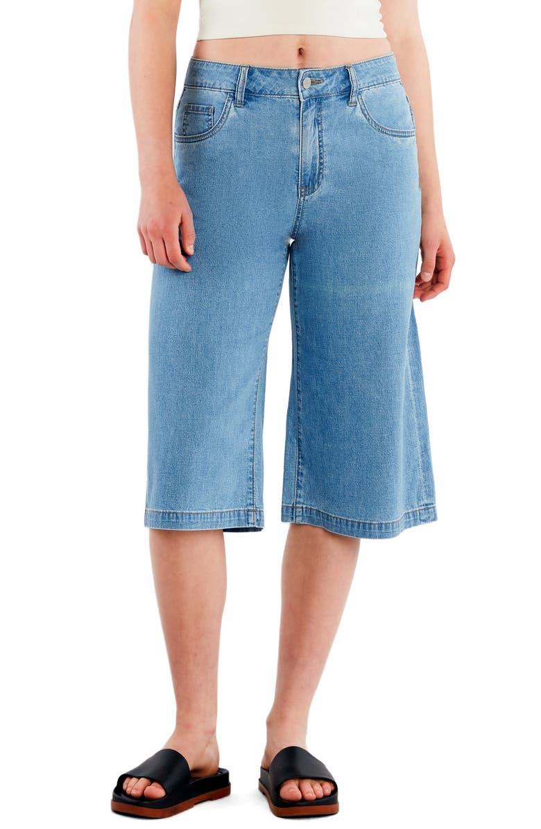 HINT OF BLU Mid Rise Relaxed Long Denim Shorts, Main, color, Light Denim