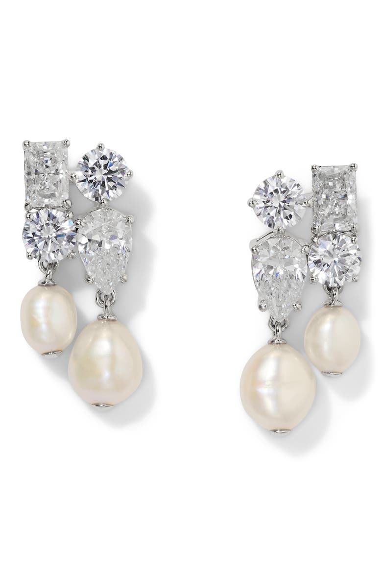 London Cultured Pearl Cluster Drop Earrings, Main, color, RHODIUM