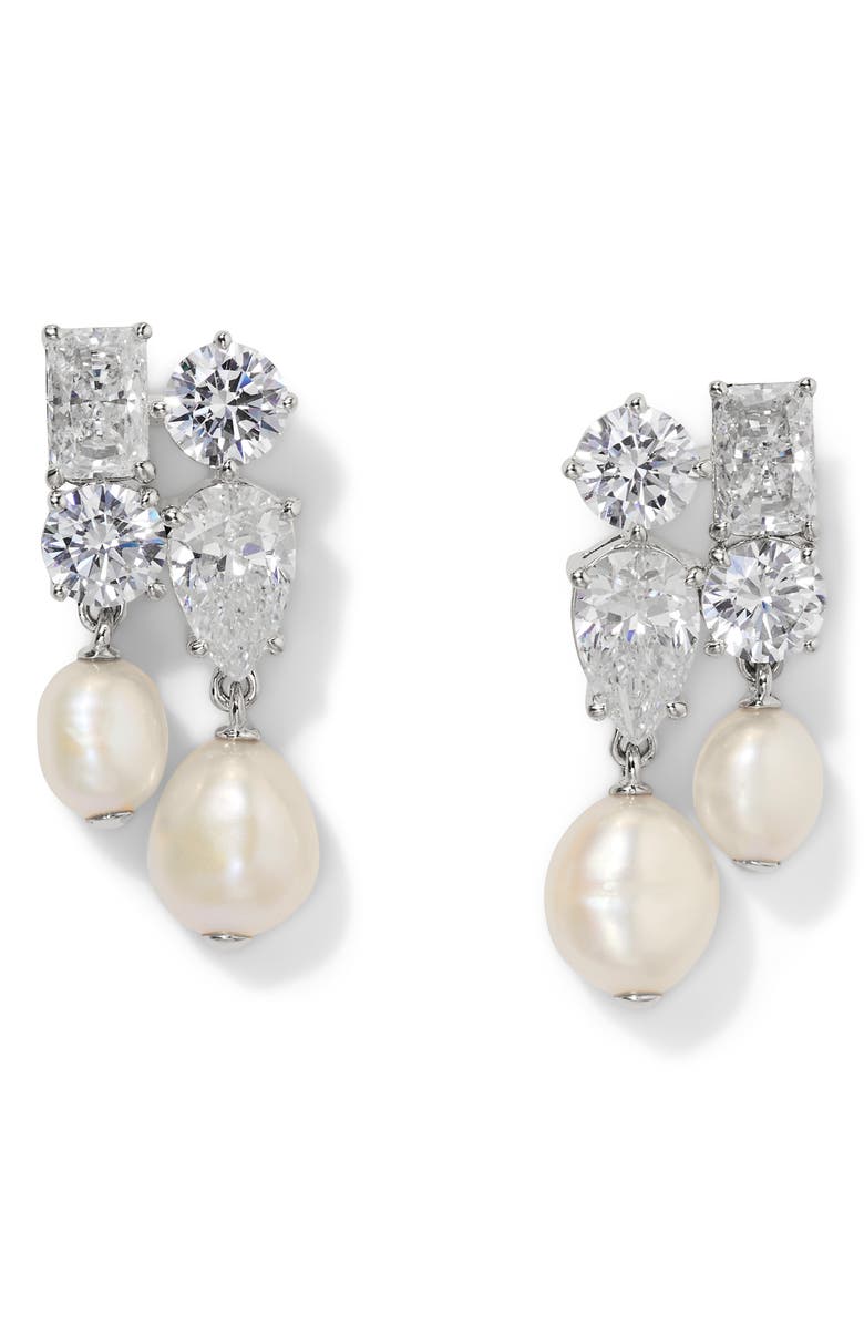 Nadri London Cultured Pearl Cluster Drop Earrings, Main, color, Rhodium