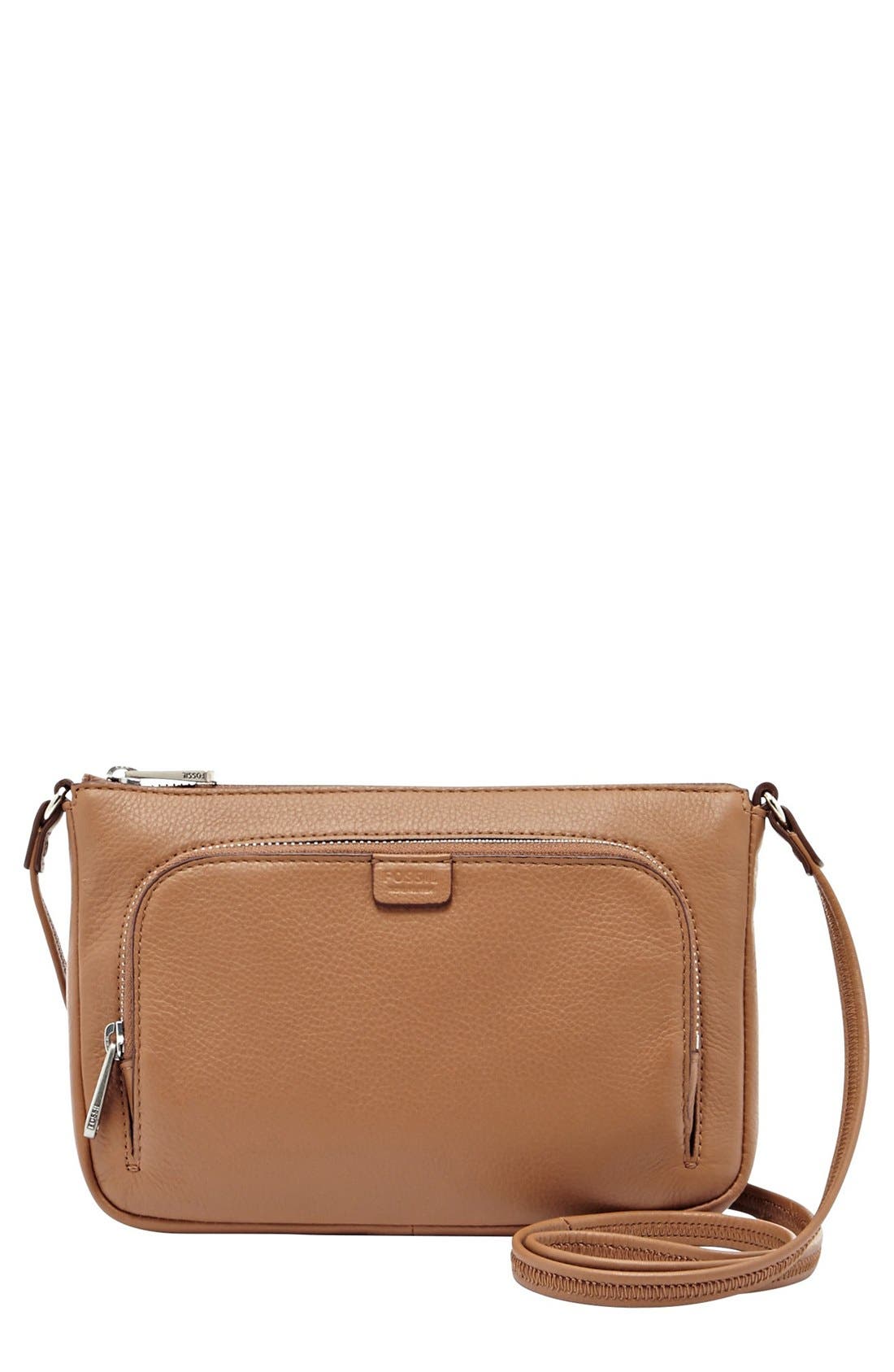'Mini Riley' Leather Crossbody Bag, Main, color, CAMEL