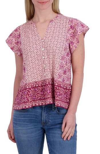 Lucky Brand Mix Print Flutter Sleeve Top In Pink Combo