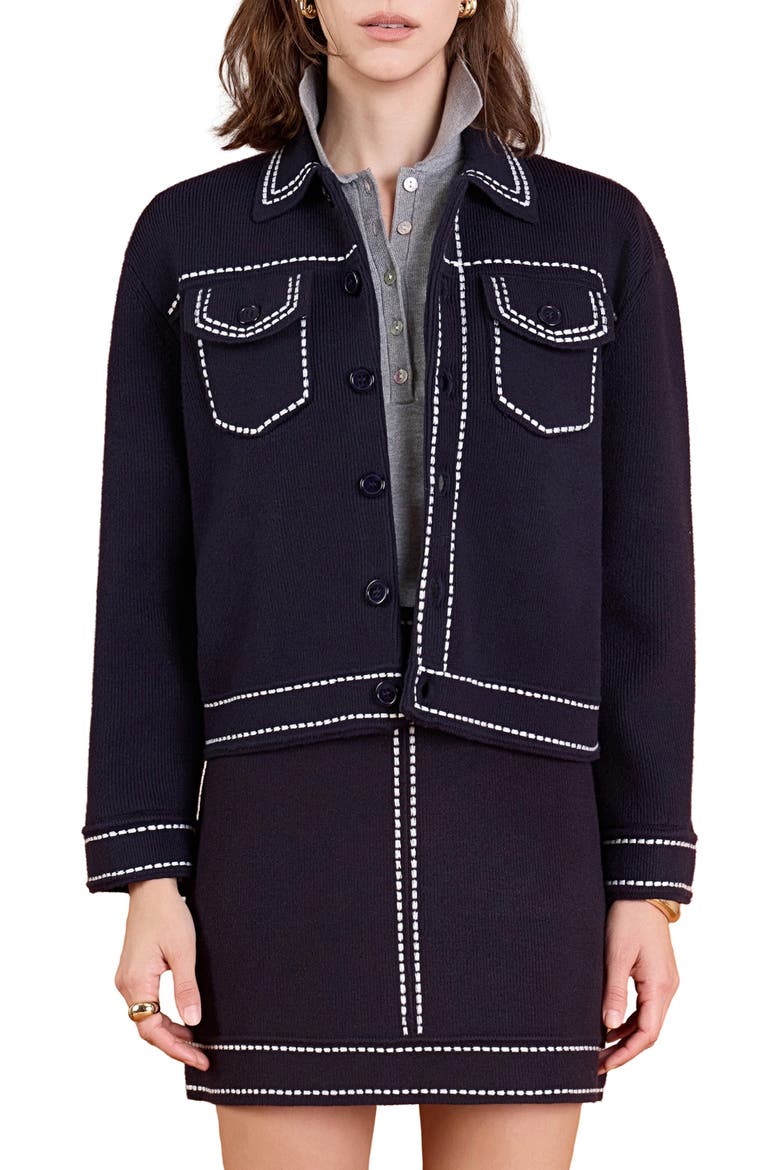 Denim Look Collared Cardigan, Main, color, NAVY/ WHITE