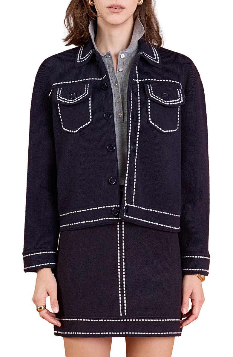 English Factory Denim Look Collared Cardigan, Main, color, Navy/ White