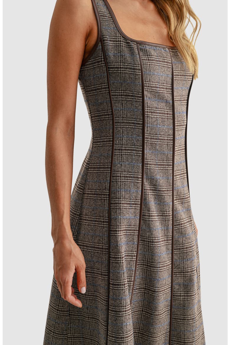 Plaid Faux Leather Trim A-Line Midi Dress, Alternate, color, BROWN