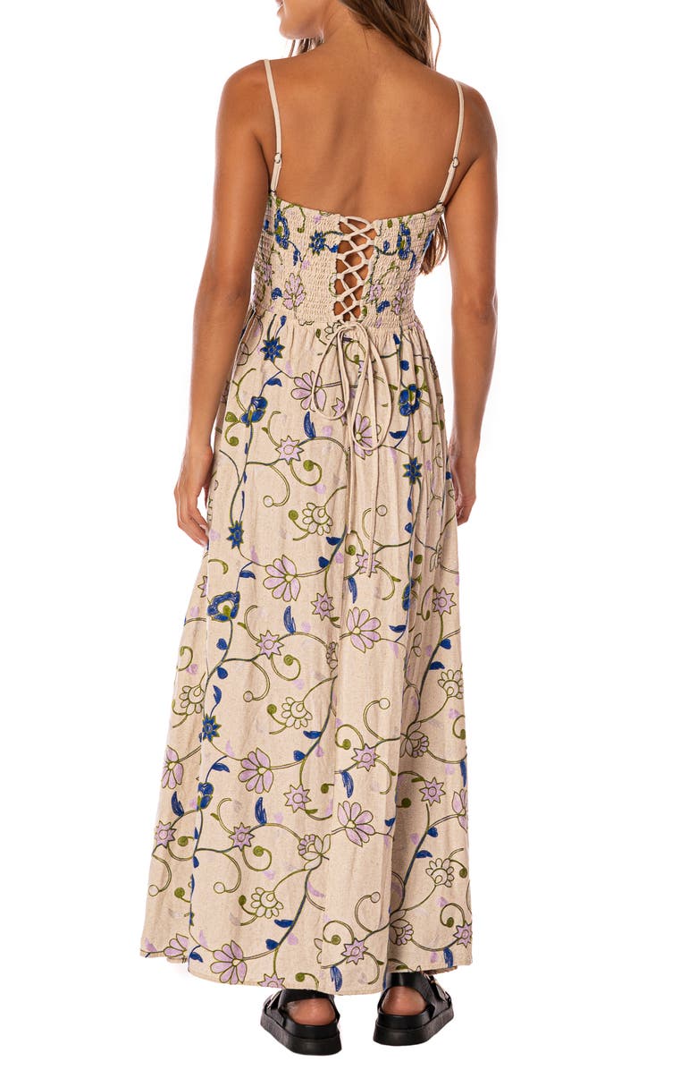 Maaji Purple Meadow Romina Embroidered Underwire Lace-Up Cover-Up Sundress, Alternate, color, Open Beige