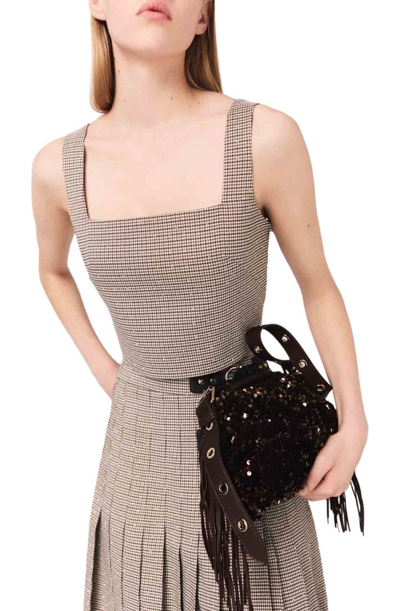 maje Checked diamanté strappy top, Alternate, color, Brown