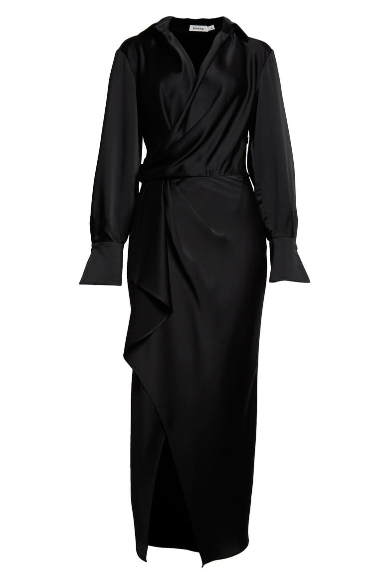 Talita Long Sleeve Faux Wrap Satin Dress, Alternate, color, BLACK