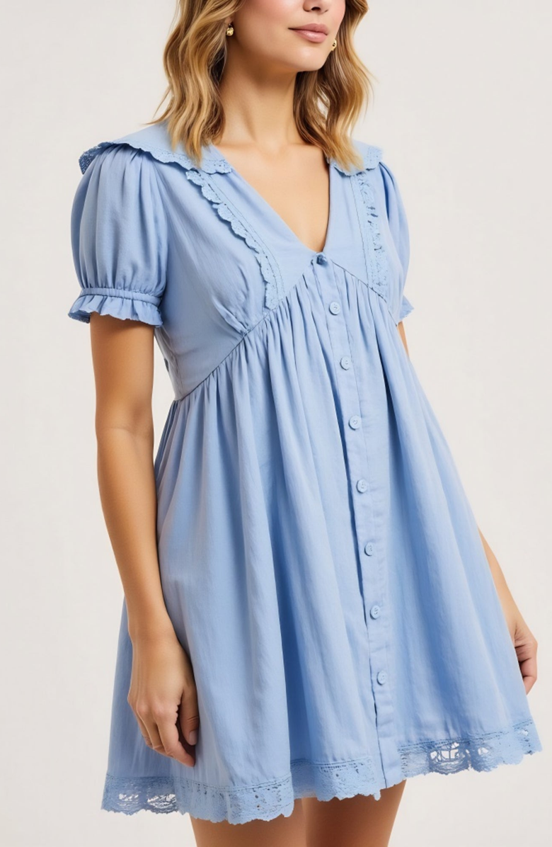 Modenaire Button-Front Puff Sleeve Lace Trim Ruffle Detail Mini Dress, Alternate, color, Light Blue