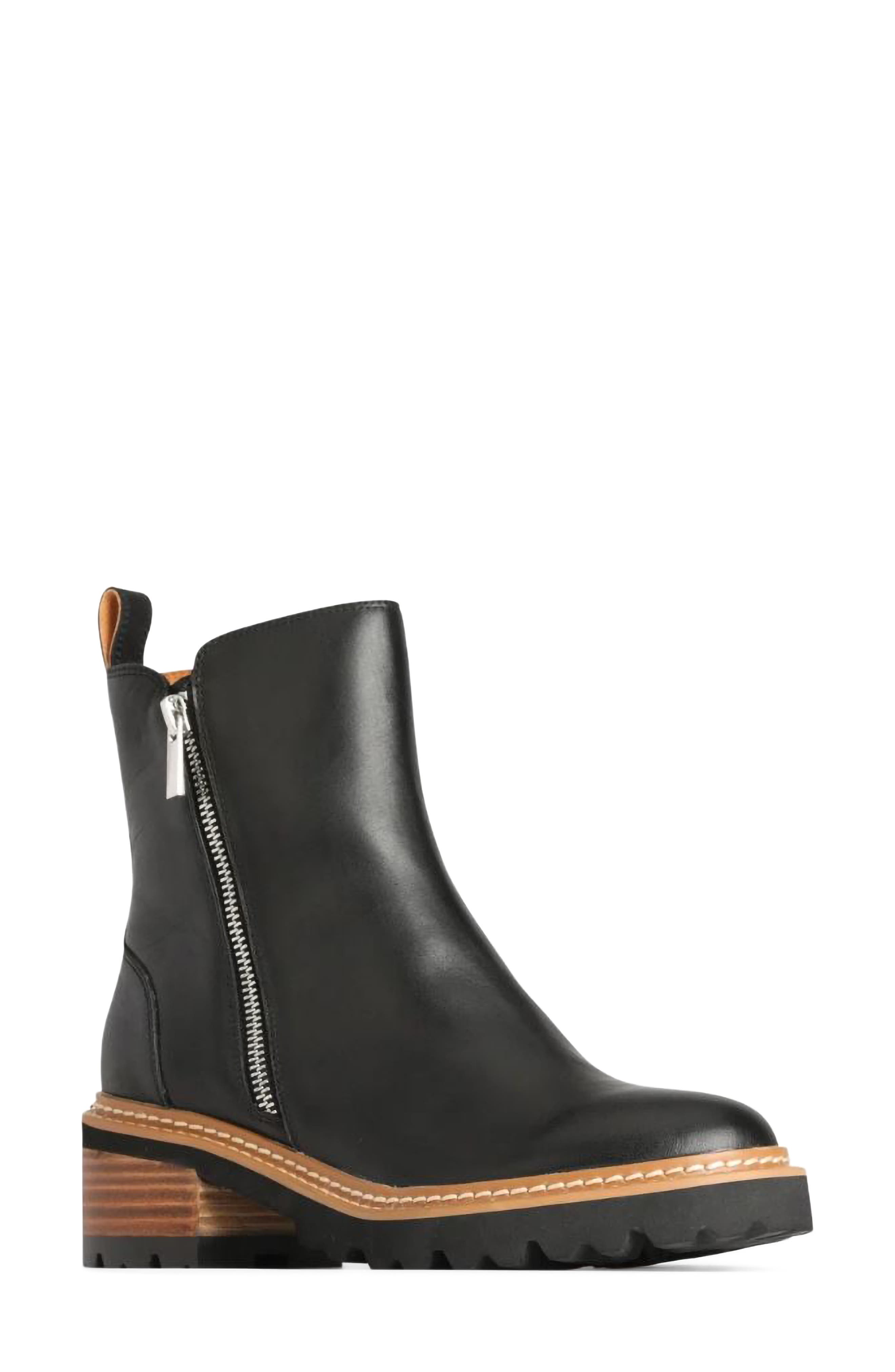 Lindira Leather Bootie, Main, color, BLACK