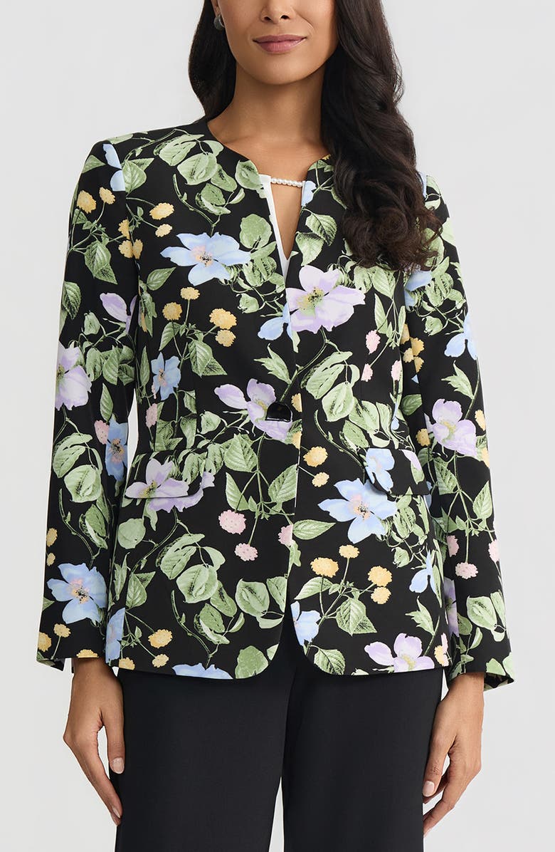KASPER Floral Print One-Button Jacket, Main, color, Black Multi