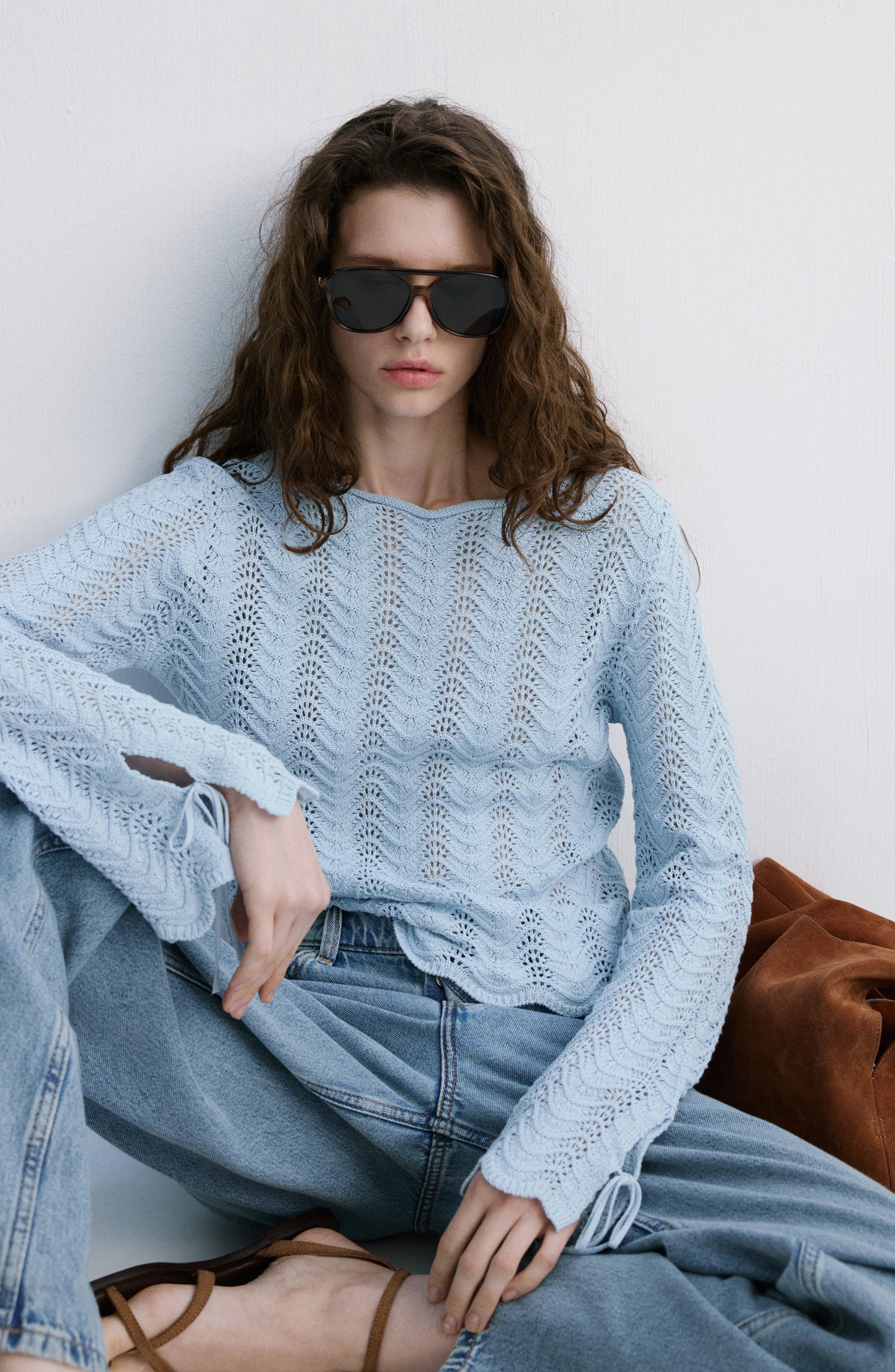 Mixed Open Stitch Long Sleeve Cotton Sweater - image 4