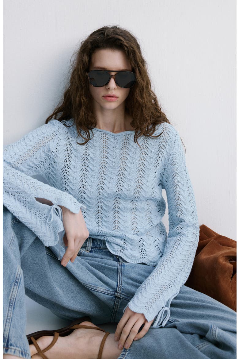 Mixed Open Stitch Long Sleeve Cotton Sweater, Alternate, color, SKY BLUE