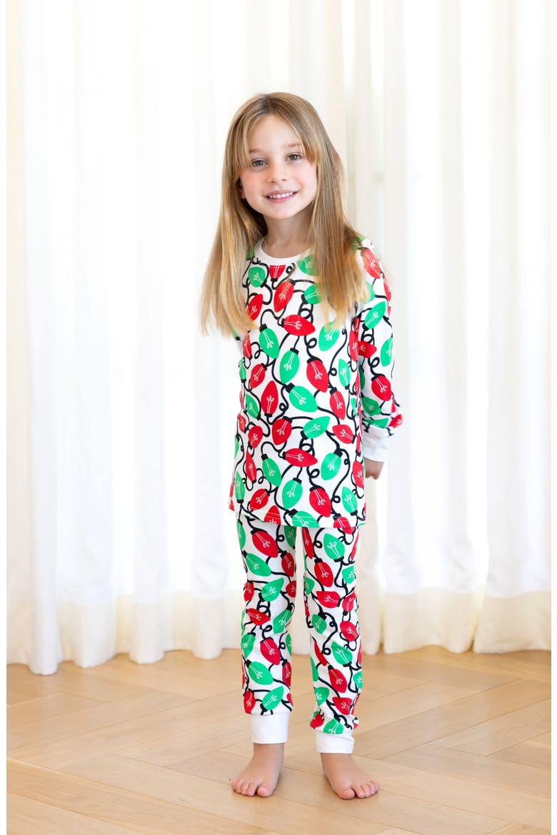 Holiday Lights Fitted Two-Piece Stretch Organic Cotton Pajamas, Alternate, color, RED/ GREEN