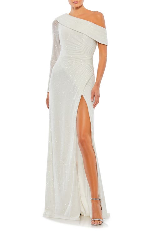 Sequined Drop Shoulder Faux Wrap Gown