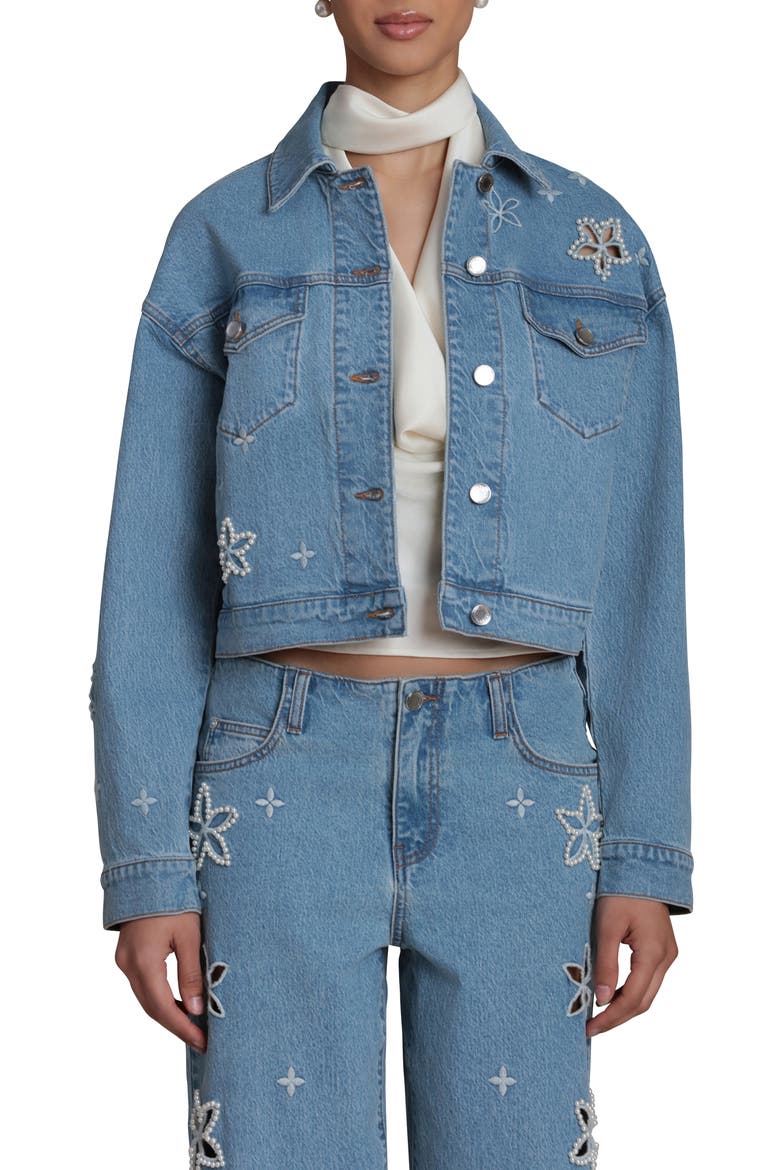 Faux Pearl Floral Denim Jacket, Main, color, FLEUR STAMP/ NIKKI WASH