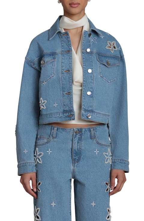 Faux Pearl Floral Denim Jacket