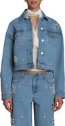 Avec Les Filles Faux Pearl Floral Denim Jacket