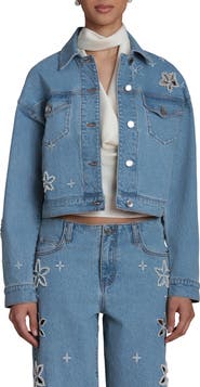 Avec Les Filles Faux Pearl Floral Denim Jacket