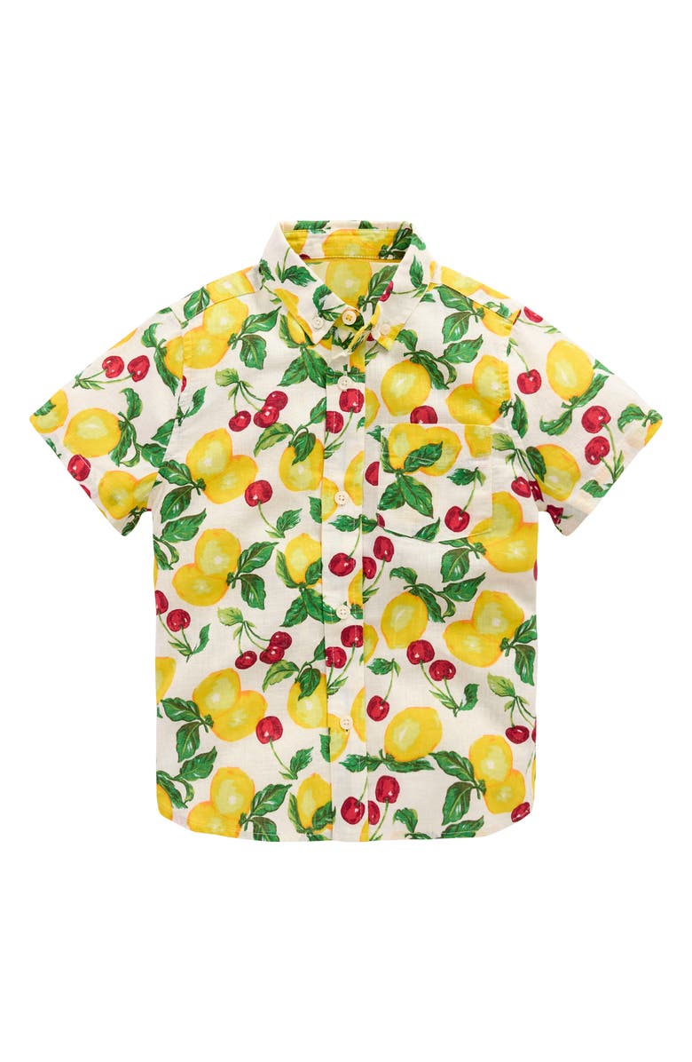 Mini Boden Kids' Fruit Print Short Sleeve Linen & Cotton Button-Down Shirt, Main, color, Lemons And Cherries
