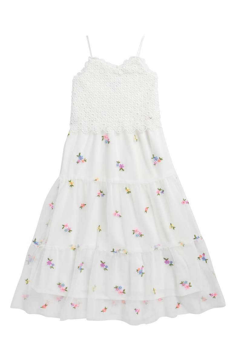 Zunie Kids' Crochet Bodice Floral Embroidered Tiered Mesh Maxi Dress, Main, color, White