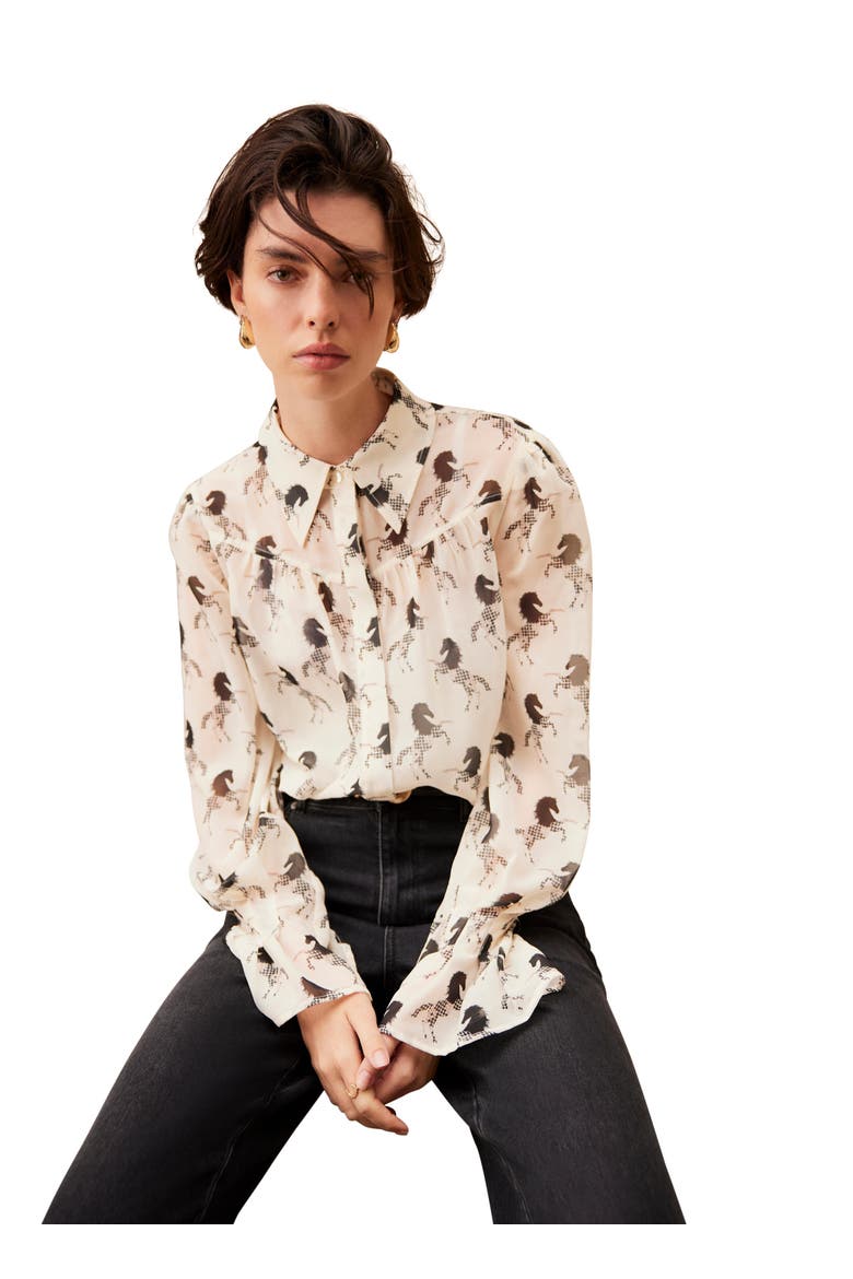Horse Print Sheer Blouse, Alternate, color, Cream