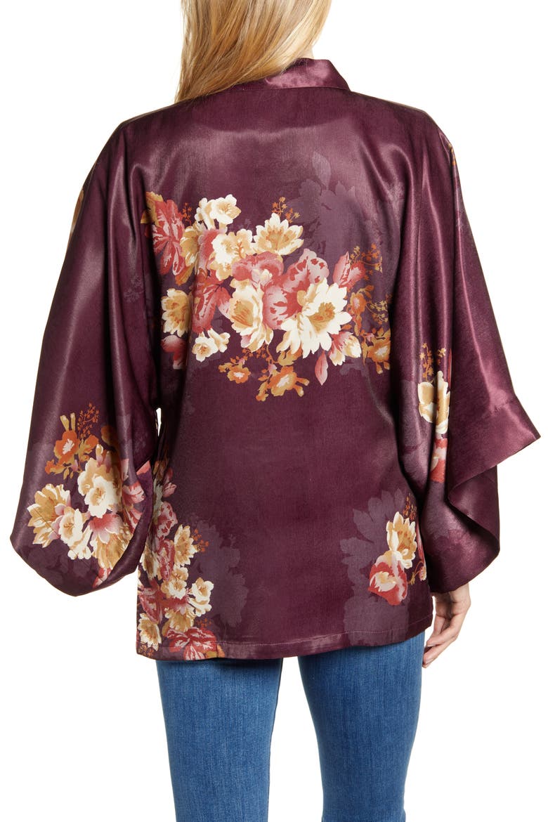 Floral Satin Open Jacket, Alternate, color, BURGUNDY MINTHE KIMONO