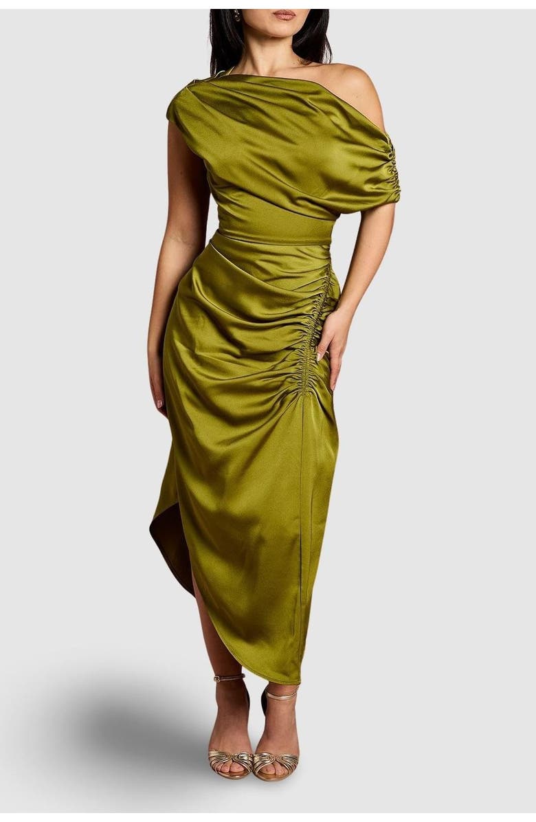 Coast Petite Satin One Shoulder Midi Dress, Alternate, color, Olive