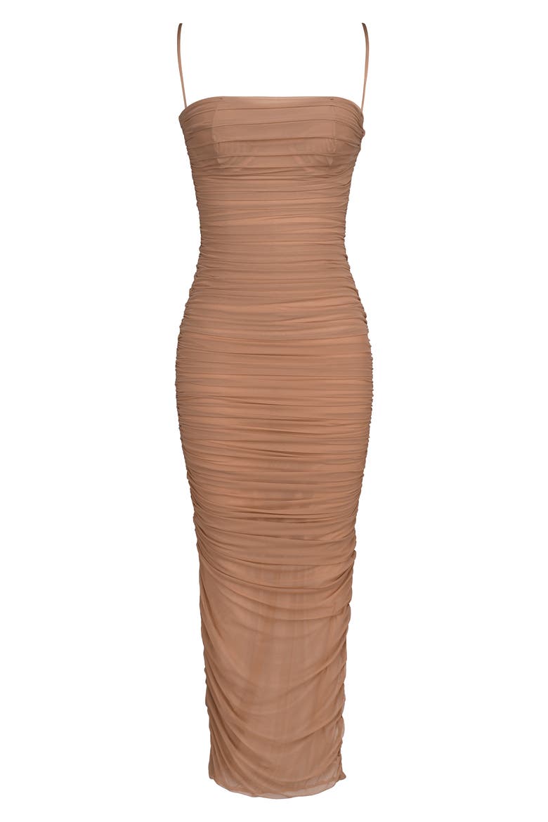 Fornarina Ruched Mesh Maxi Dress, Alternate, color, TAN