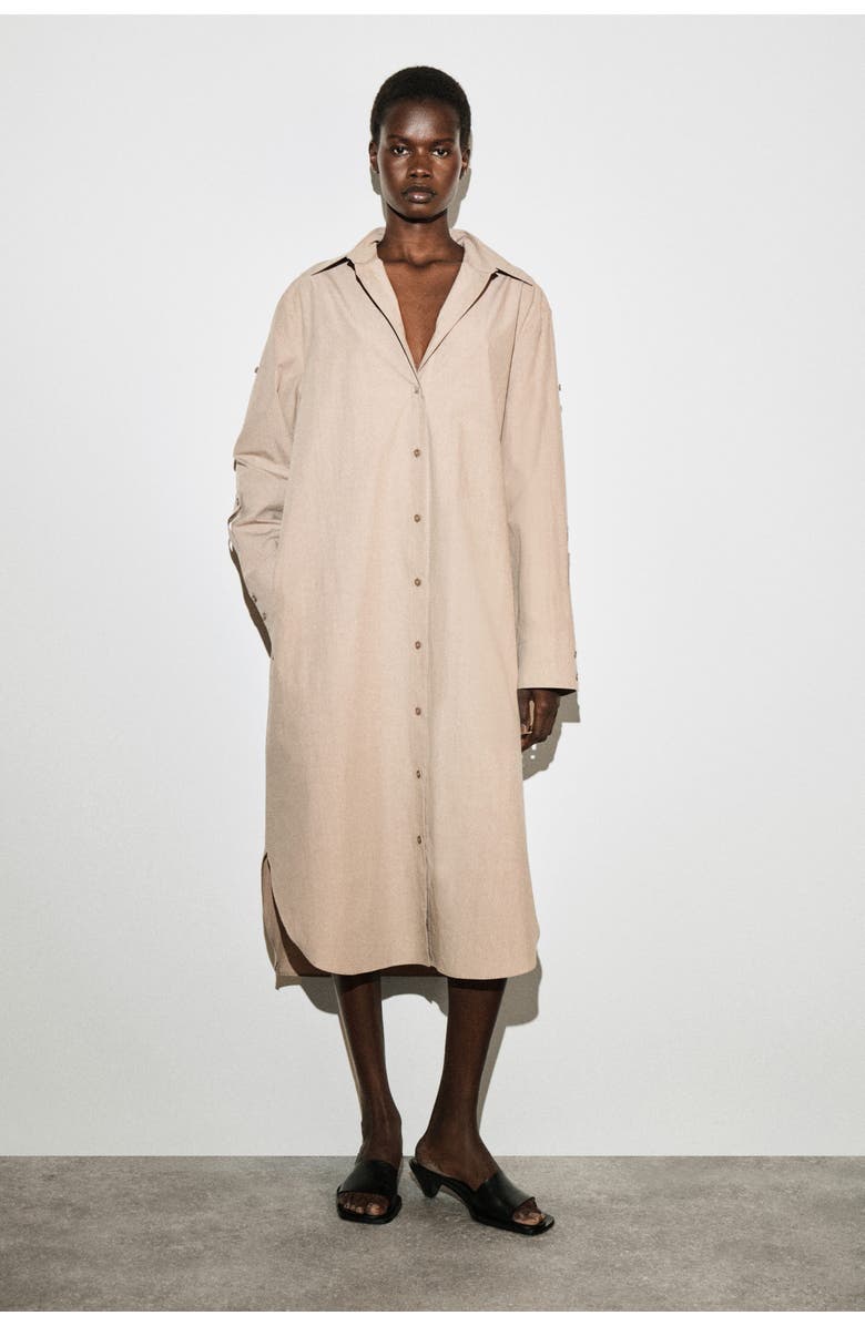 COS Curved-sleeve Cotton Midi Shirt Dress, Main, color, Beige