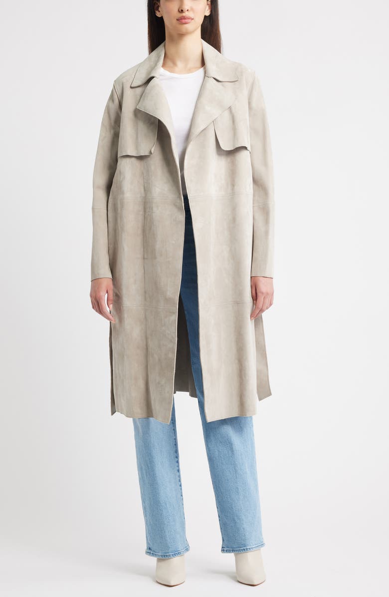 Fleurette Sylvie Suede Wrap Trench Coat, Alternate, color, Fawn