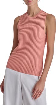 DKNY Stripe Sheer Yoke Sleeveless Sweater