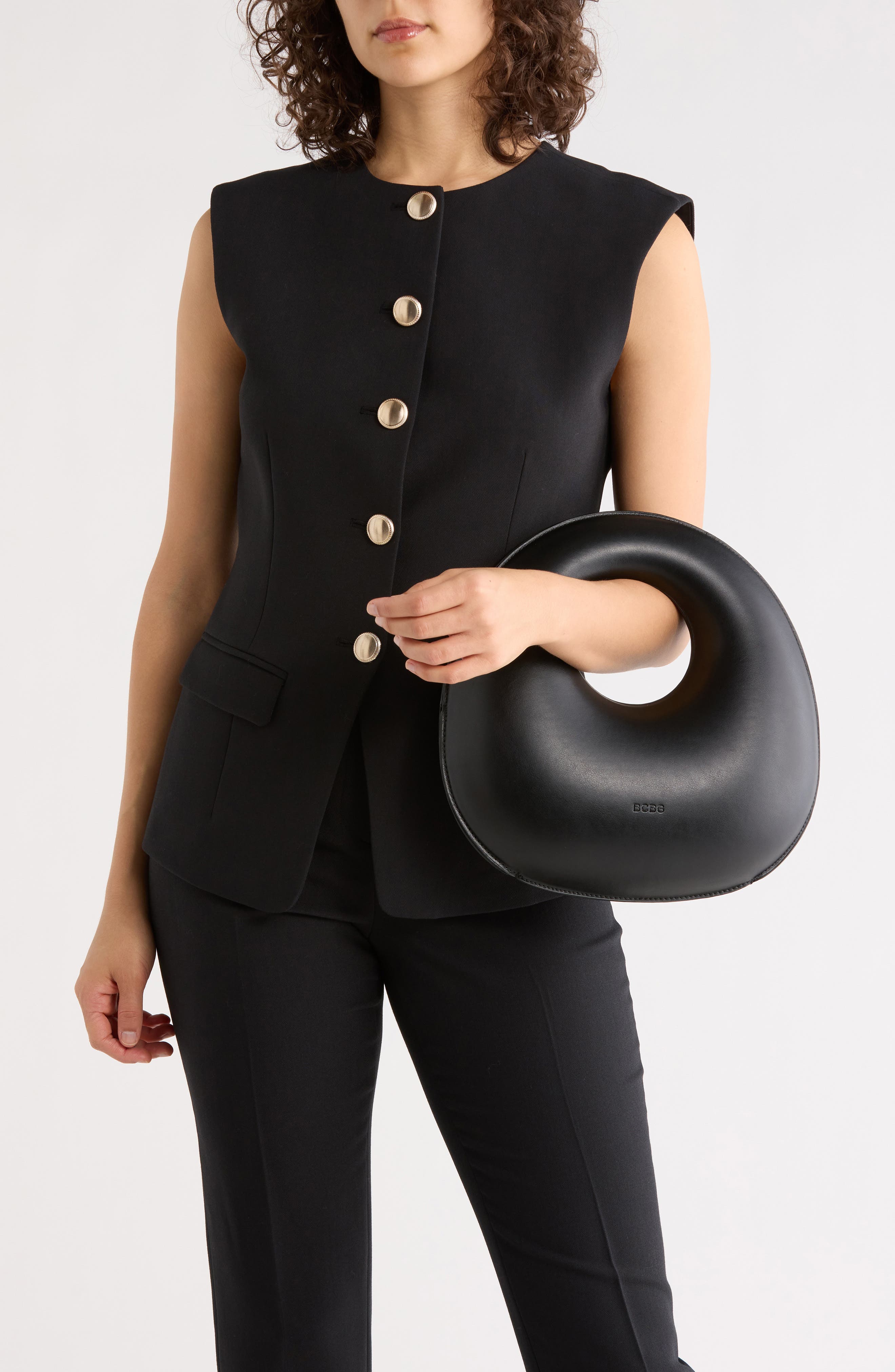 BCBG Circle Handle Molded Hobo Bag, Alternate, color, Black