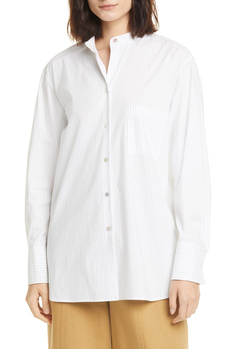 Classic Stripe Band Collar Cotton Blend Shirt, Main, color, WHITE/ BLACK