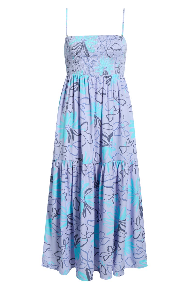 Billabong Tropical Daze Smocked Bodice Cotton Blend Midi Sundress, Alternate, color, Twilight Blue